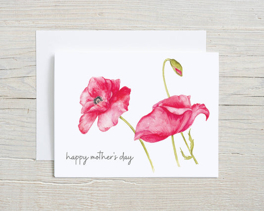 Mother's Day hand painted watercolor card, Pink Poppies