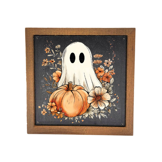 Halloween Ghost With Pumpkin & Flowers Sign